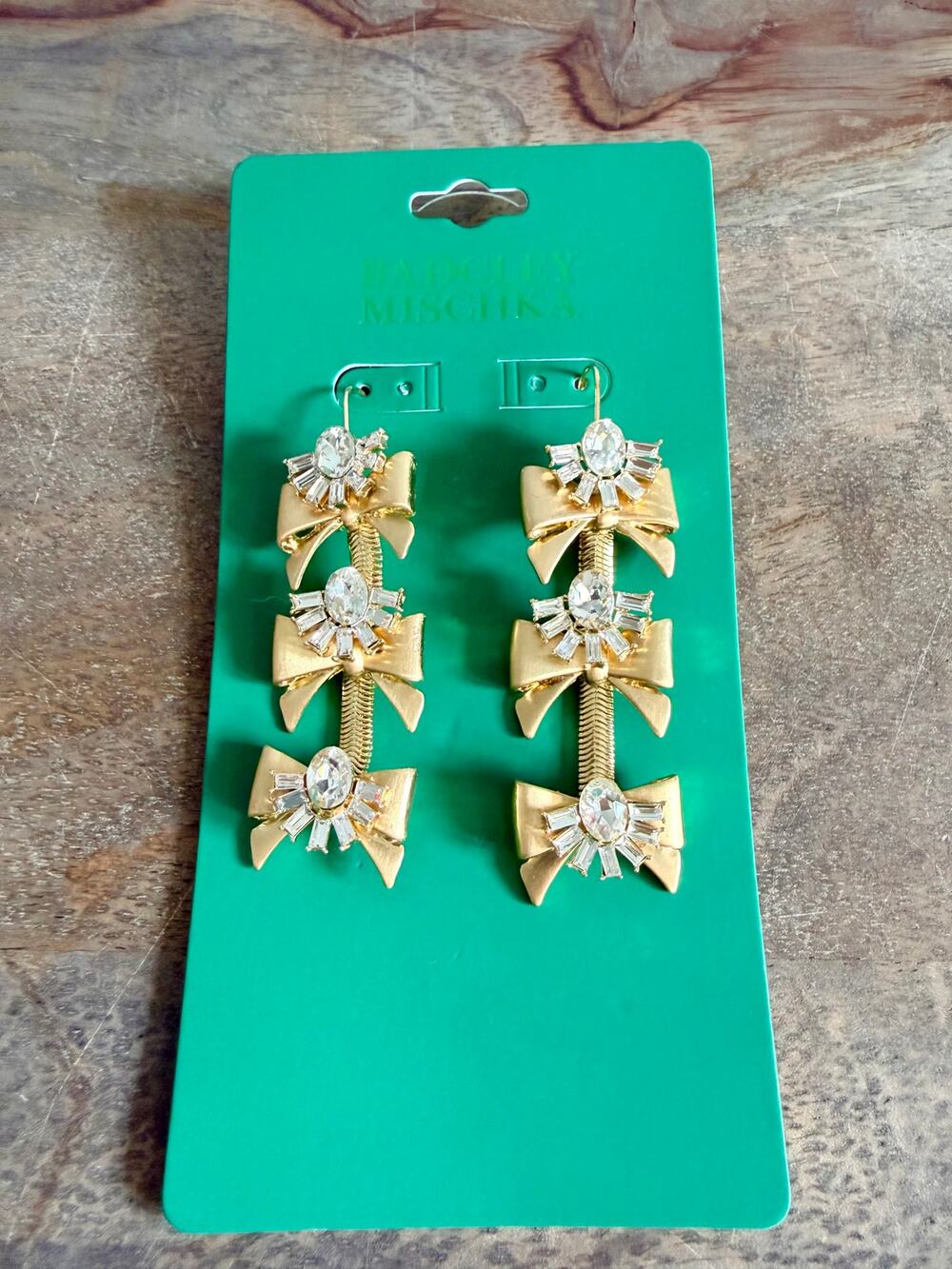 New Badgley Mischka Gold Tone Bow Rhinestone Dangle Statement Earrings